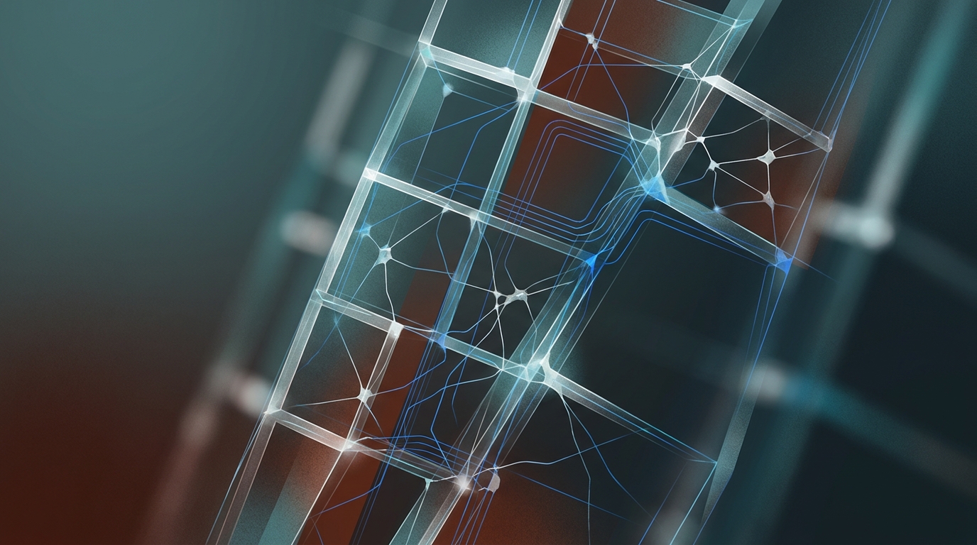 Abstract geometric composition depicting data flows and disconnected digital circuits.