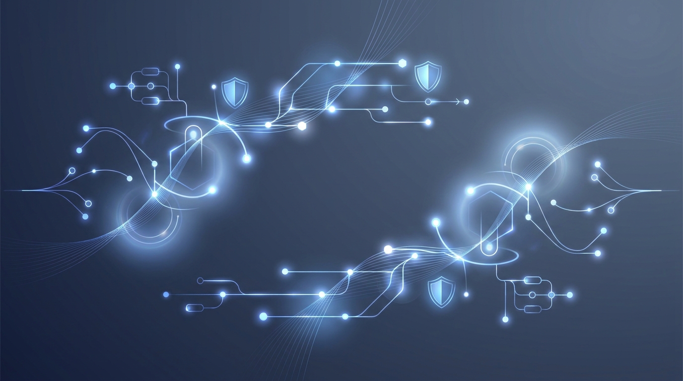 Abstract digital illustration of cloud security networks and workflow automation nodes